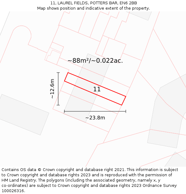 11, LAUREL FIELDS, POTTERS BAR, EN6 2BB: Plot and title map