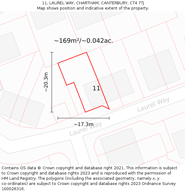 11, LAUREL WAY, CHARTHAM, CANTERBURY, CT4 7TJ: Plot and title map