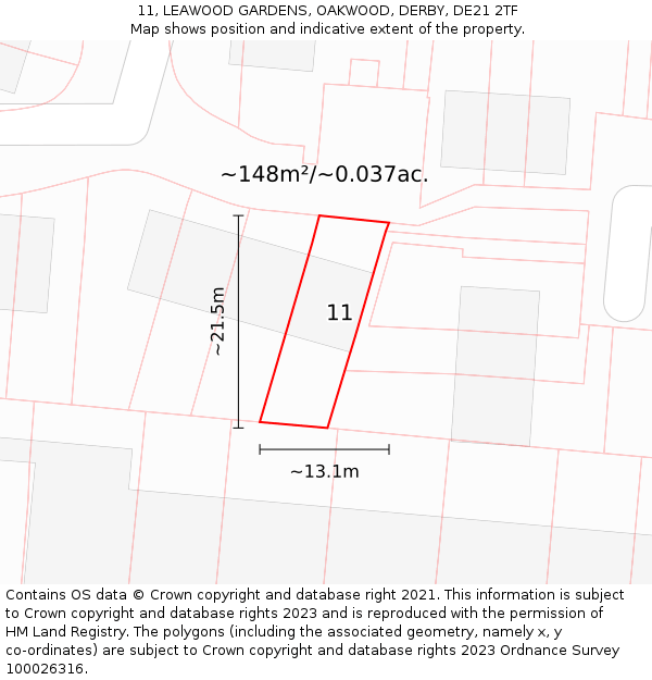 11, LEAWOOD GARDENS, OAKWOOD, DERBY, DE21 2TF: Plot and title map