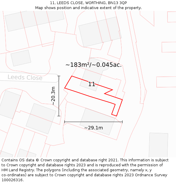 11, LEEDS CLOSE, WORTHING, BN13 3QP: Plot and title map
