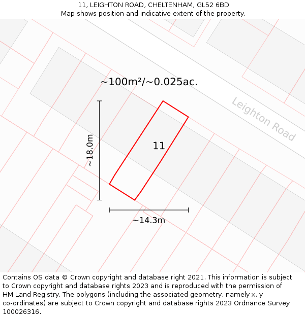 11, LEIGHTON ROAD, CHELTENHAM, GL52 6BD: Plot and title map