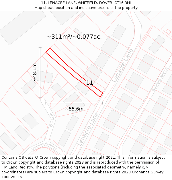 11, LENACRE LANE, WHITFIELD, DOVER, CT16 3HL: Plot and title map