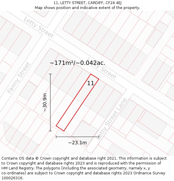 11, LETTY STREET, CARDIFF, CF24 4EJ: Plot and title map