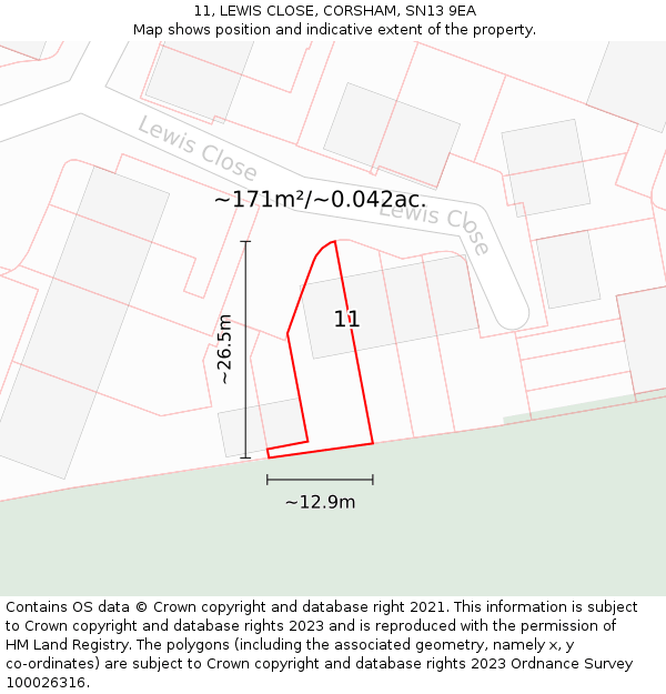 11, LEWIS CLOSE, CORSHAM, SN13 9EA: Plot and title map