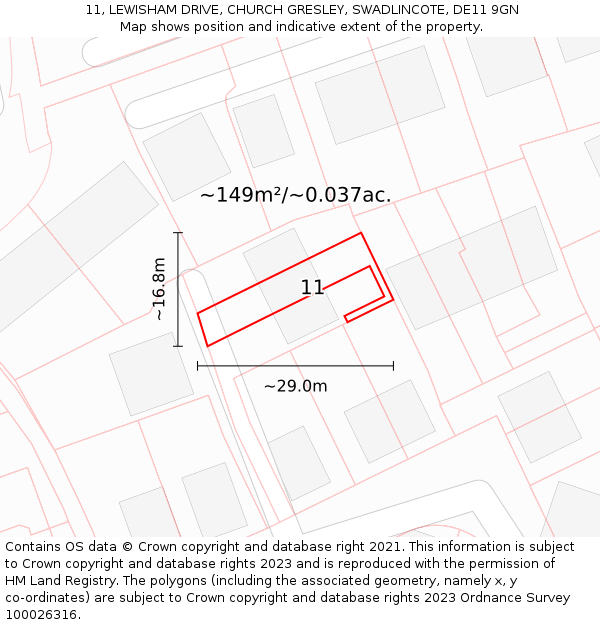11, LEWISHAM DRIVE, CHURCH GRESLEY, SWADLINCOTE, DE11 9GN: Plot and title map