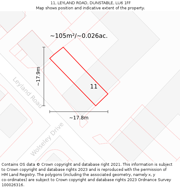 11, LEYLAND ROAD, DUNSTABLE, LU6 1FF: Plot and title map