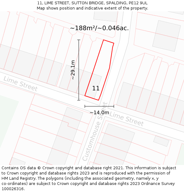 11, LIME STREET, SUTTON BRIDGE, SPALDING, PE12 9UL: Plot and title map