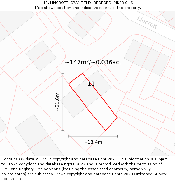 11, LINCROFT, CRANFIELD, BEDFORD, MK43 0HS: Plot and title map