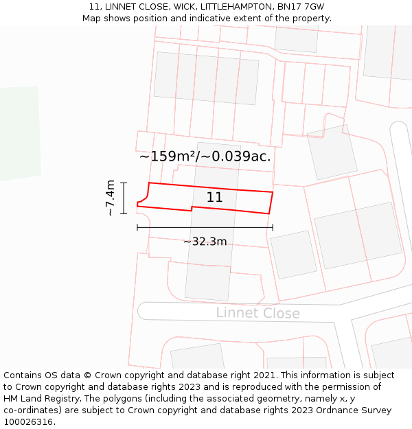 11, LINNET CLOSE, WICK, LITTLEHAMPTON, BN17 7GW: Plot and title map