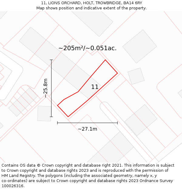 11, LIONS ORCHARD, HOLT, TROWBRIDGE, BA14 6RY: Plot and title map