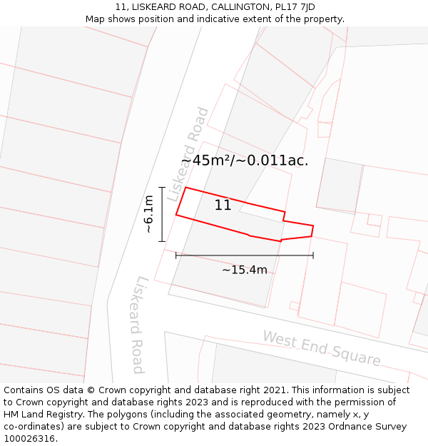 11, LISKEARD ROAD, CALLINGTON, PL17 7JD: Plot and title map