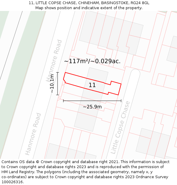11, LITTLE COPSE CHASE, CHINEHAM, BASINGSTOKE, RG24 8GL: Plot and title map