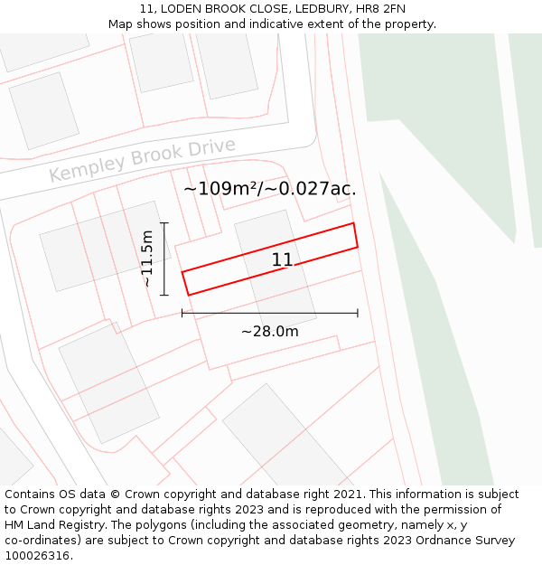 11, LODEN BROOK CLOSE, LEDBURY, HR8 2FN: Plot and title map