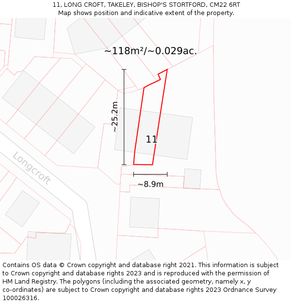 11, LONG CROFT, TAKELEY, BISHOP'S STORTFORD, CM22 6RT: Plot and title map
