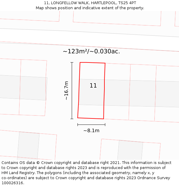 11, LONGFELLOW WALK, HARTLEPOOL, TS25 4PT: Plot and title map