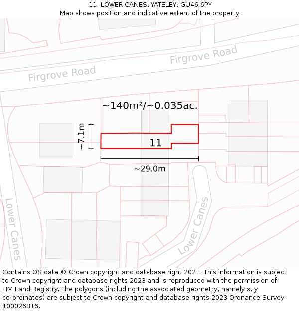 11, LOWER CANES, YATELEY, GU46 6PY: Plot and title map