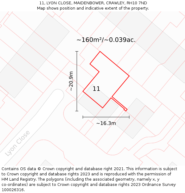 11, LYON CLOSE, MAIDENBOWER, CRAWLEY, RH10 7ND: Plot and title map
