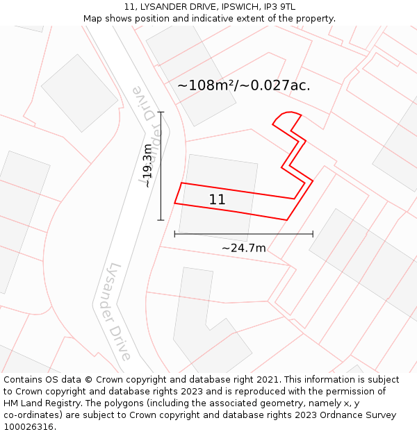 11, LYSANDER DRIVE, IPSWICH, IP3 9TL: Plot and title map