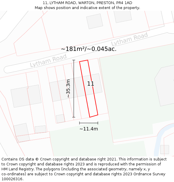 11, LYTHAM ROAD, WARTON, PRESTON, PR4 1AD: Plot and title map