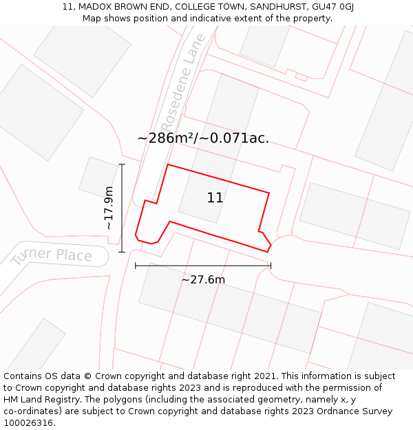 11, MADOX BROWN END, COLLEGE TOWN, SANDHURST, GU47 0GJ: Plot and title map