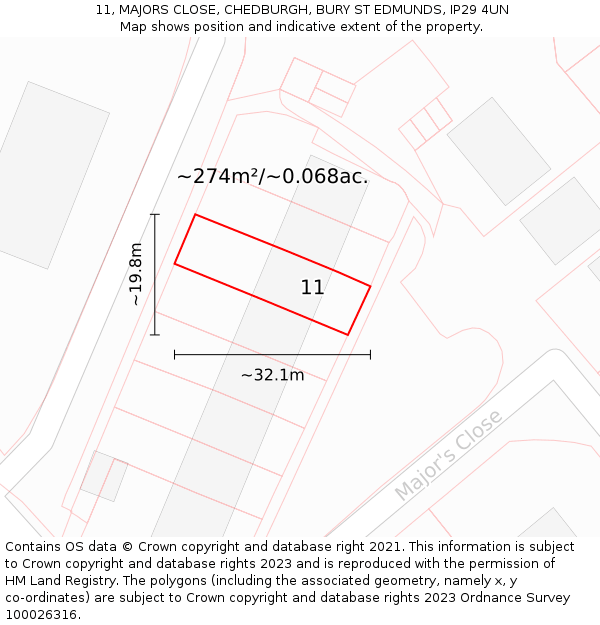 11, MAJORS CLOSE, CHEDBURGH, BURY ST EDMUNDS, IP29 4UN: Plot and title map