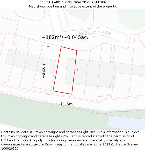 11, MALLARD CLOSE, SPALDING, PE11 2FA: Plot and title map