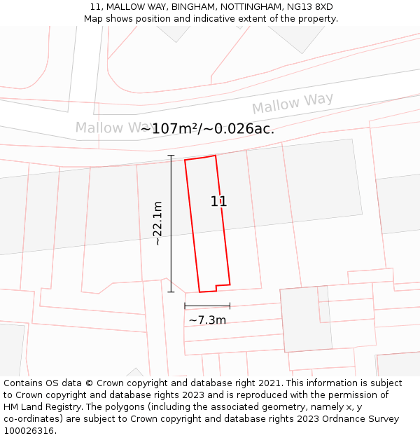 11, MALLOW WAY, BINGHAM, NOTTINGHAM, NG13 8XD: Plot and title map