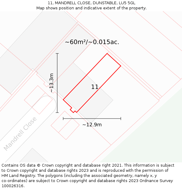 11, MANDRELL CLOSE, DUNSTABLE, LU5 5GL: Plot and title map