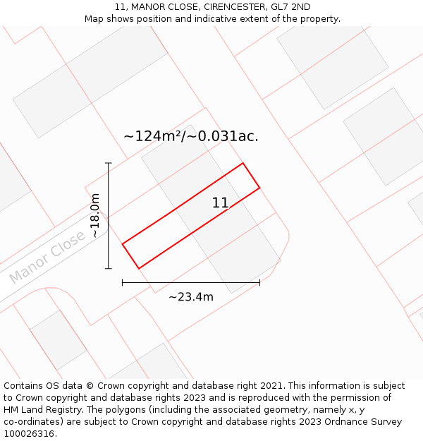 11, MANOR CLOSE, CIRENCESTER, GL7 2ND: Plot and title map