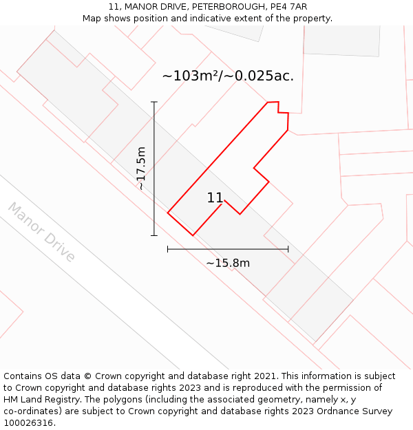 11, MANOR DRIVE, PETERBOROUGH, PE4 7AR: Plot and title map
