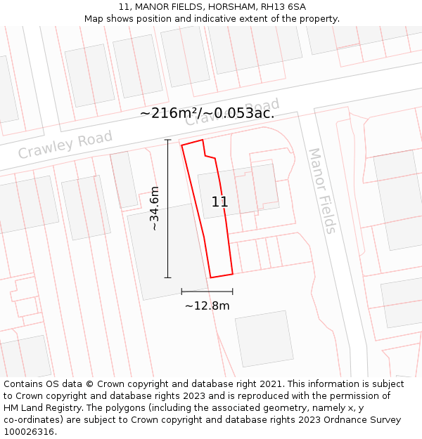 11, MANOR FIELDS, HORSHAM, RH13 6SA: Plot and title map
