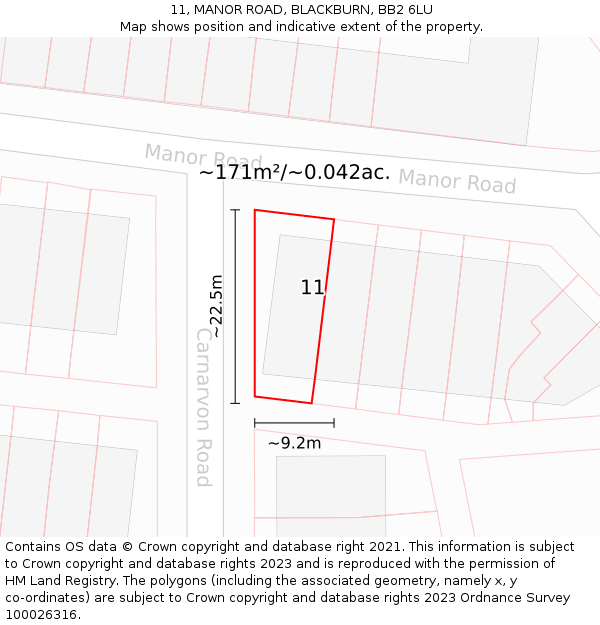 11, MANOR ROAD, BLACKBURN, BB2 6LU: Plot and title map