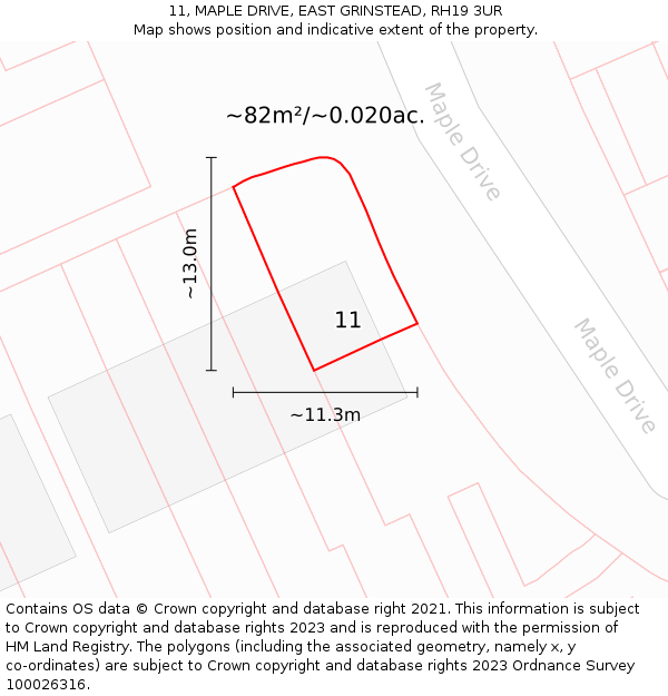 11, MAPLE DRIVE, EAST GRINSTEAD, RH19 3UR: Plot and title map