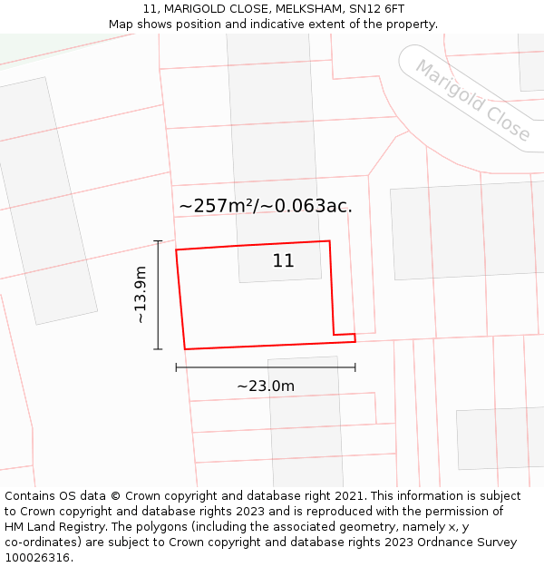 11, MARIGOLD CLOSE, MELKSHAM, SN12 6FT: Plot and title map