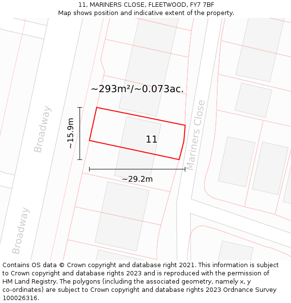 11, MARINERS CLOSE, FLEETWOOD, FY7 7BF: Plot and title map