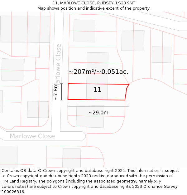 11, MARLOWE CLOSE, PUDSEY, LS28 9NT: Plot and title map