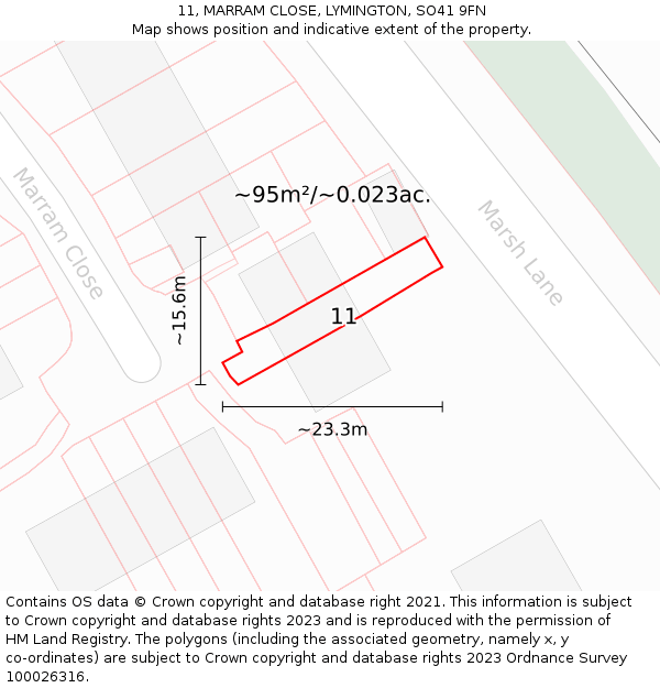 11, MARRAM CLOSE, LYMINGTON, SO41 9FN: Plot and title map