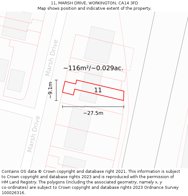 11, MARSH DRIVE, WORKINGTON, CA14 3FD: Plot and title map