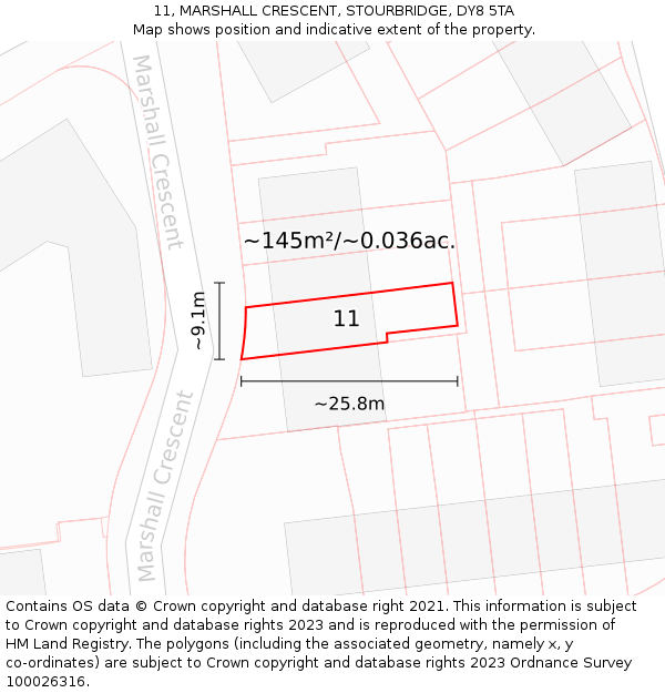 11, MARSHALL CRESCENT, STOURBRIDGE, DY8 5TA: Plot and title map