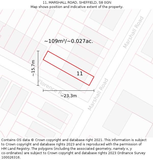 11, MARSHALL ROAD, SHEFFIELD, S8 0GN: Plot and title map