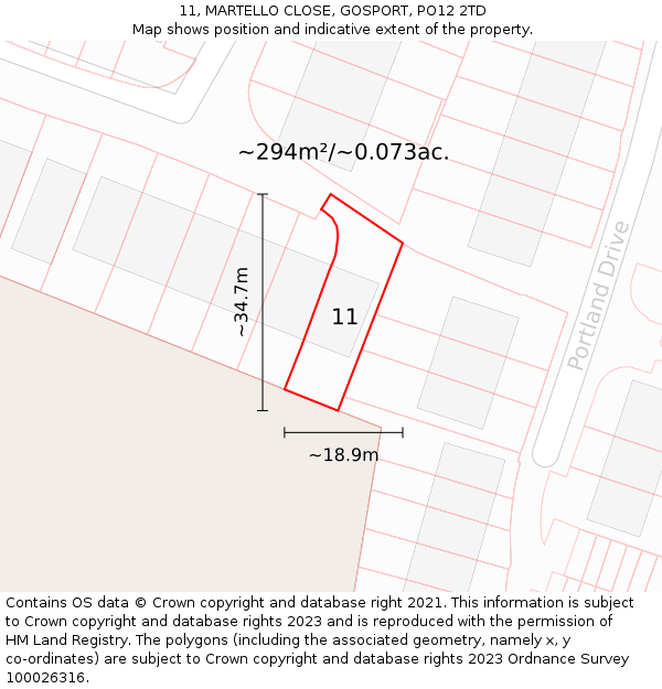 11, MARTELLO CLOSE, GOSPORT, PO12 2TD: Plot and title map