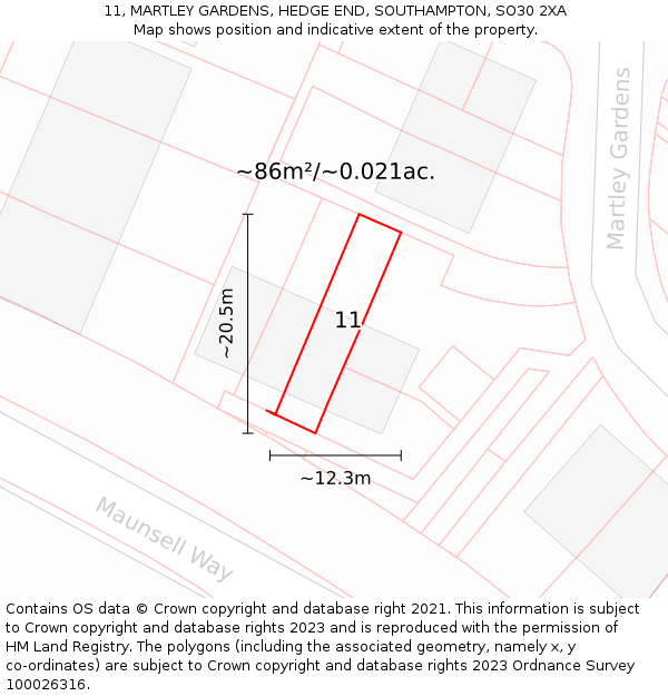 11, MARTLEY GARDENS, HEDGE END, SOUTHAMPTON, SO30 2XA: Plot and title map