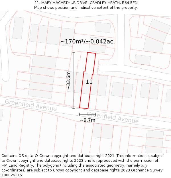 11, MARY MACARTHUR DRIVE, CRADLEY HEATH, B64 5EN: Plot and title map