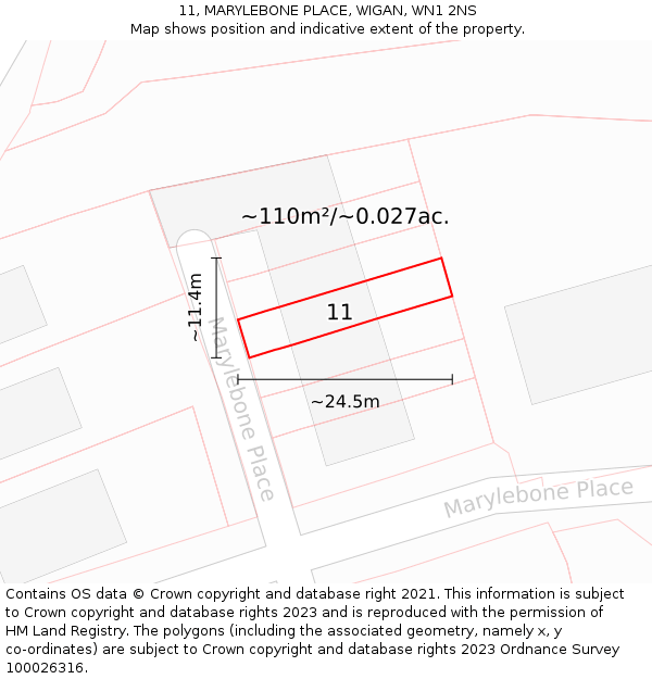 11, MARYLEBONE PLACE, WIGAN, WN1 2NS: Plot and title map