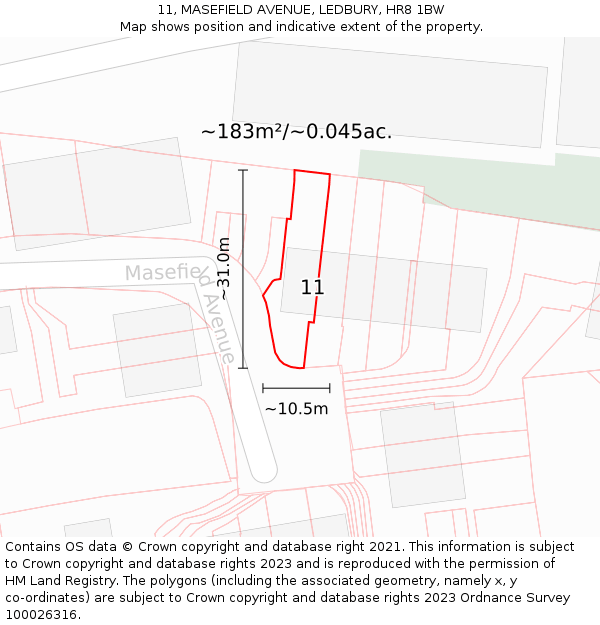 11, MASEFIELD AVENUE, LEDBURY, HR8 1BW: Plot and title map
