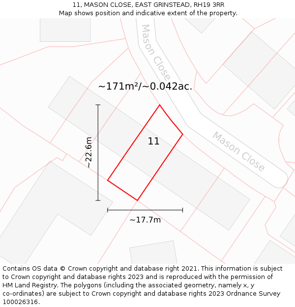 11, MASON CLOSE, EAST GRINSTEAD, RH19 3RR: Plot and title map