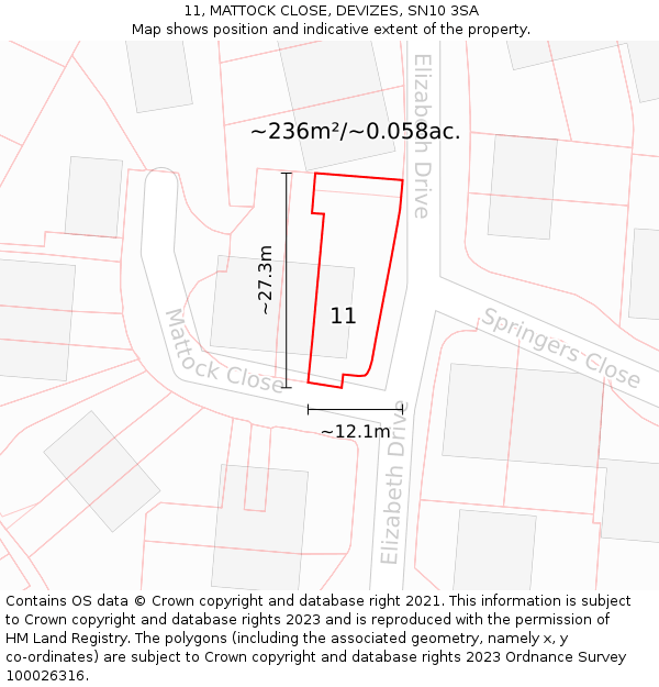 11, MATTOCK CLOSE, DEVIZES, SN10 3SA: Plot and title map