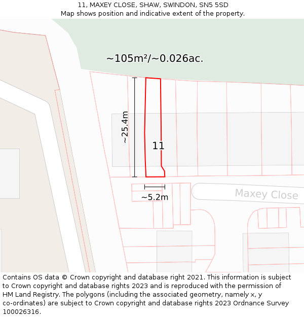11, MAXEY CLOSE, SHAW, SWINDON, SN5 5SD: Plot and title map