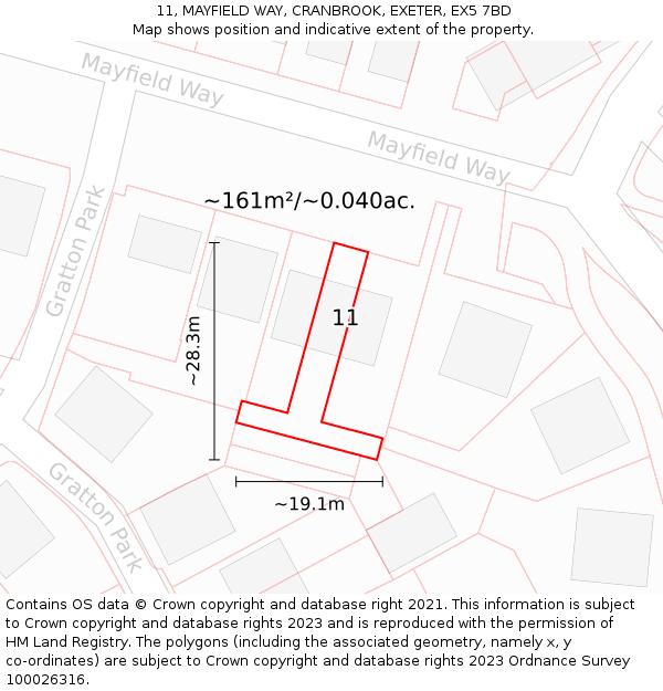 11, MAYFIELD WAY, CRANBROOK, EXETER, EX5 7BD: Plot and title map