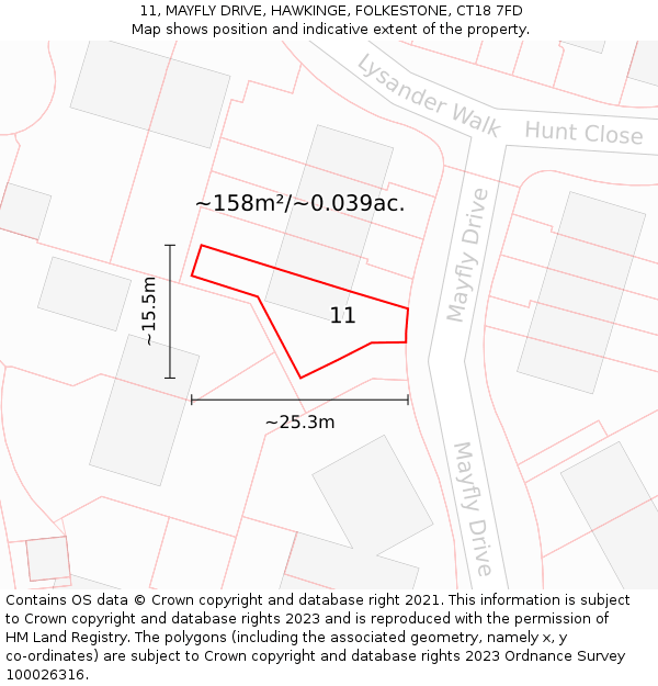 11, MAYFLY DRIVE, HAWKINGE, FOLKESTONE, CT18 7FD: Plot and title map
